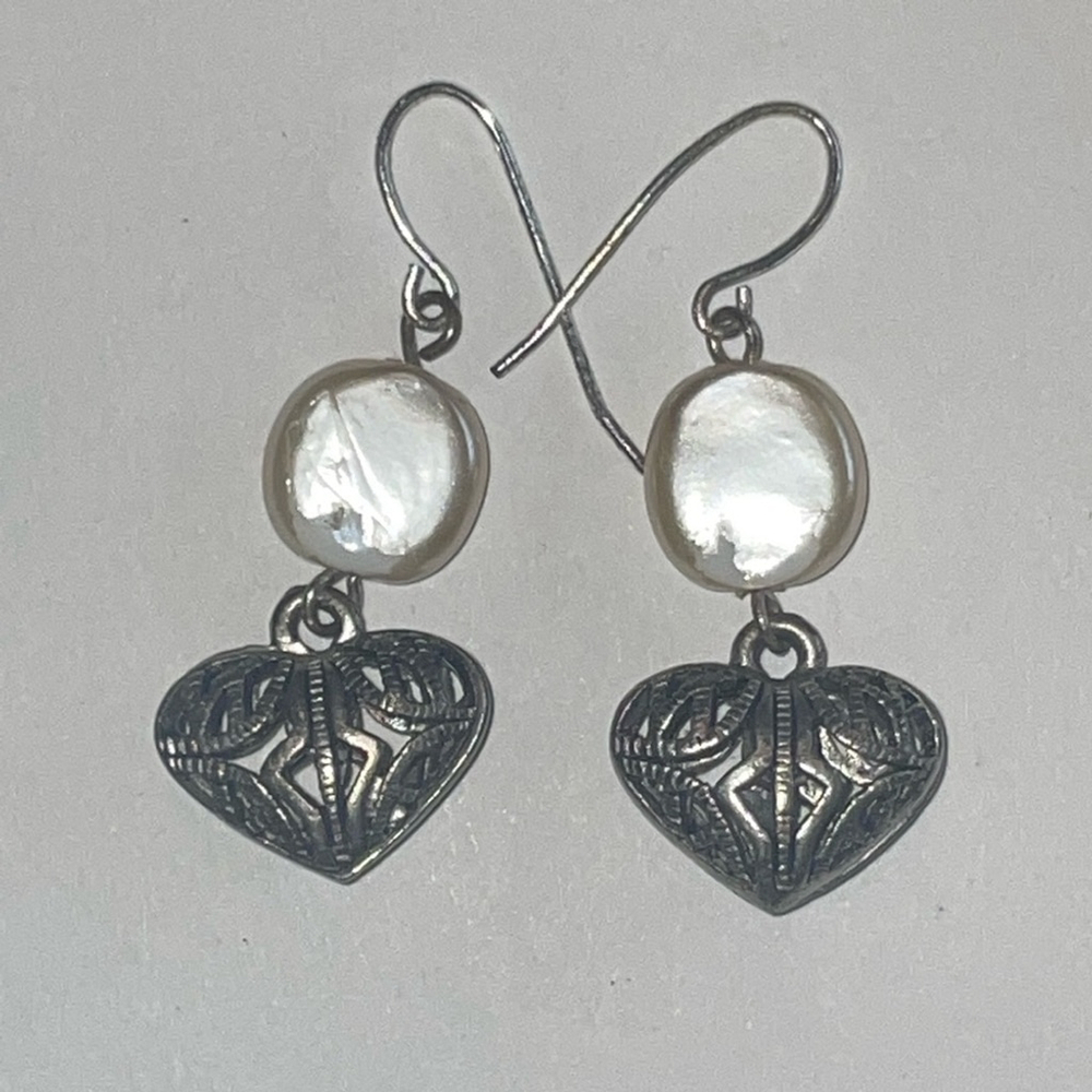 Silver Tone Faux Pearl Ball Drop Heart Dangling Boho Pierced Earrings